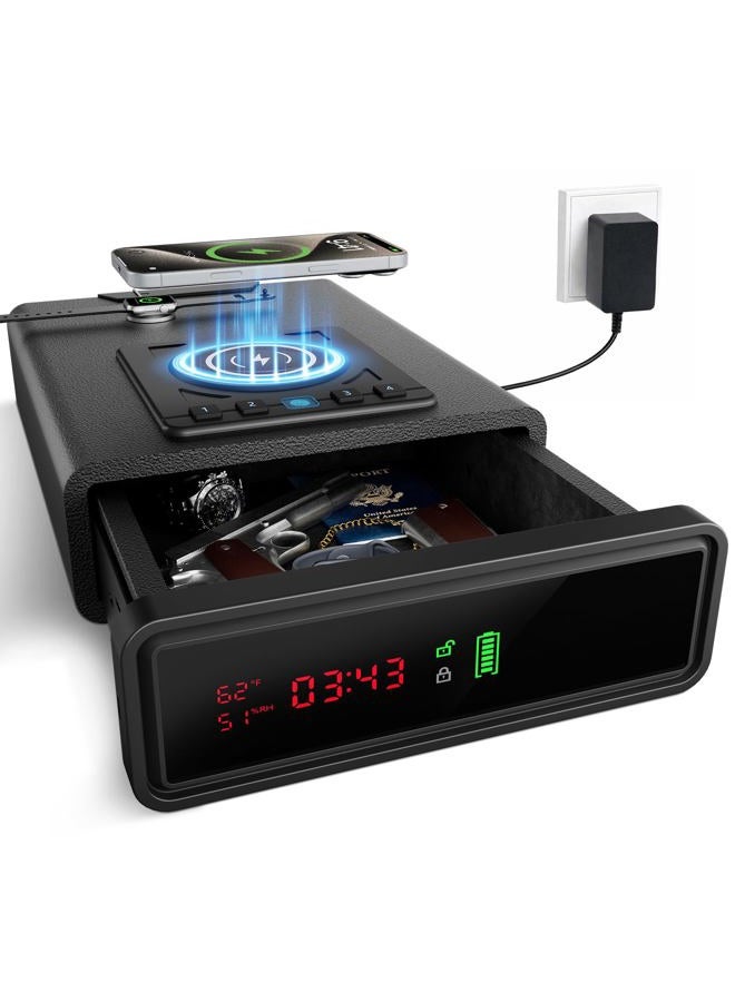 XDeer Biometric Smart Safe with Wireless Charging for Phone and Watch, 3 Quick Access with Bedside Drawer Safe,LED Light Digital Clock handgun safe - Image 1