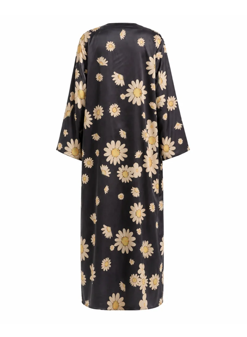 Amnad International Daisy Muse Silk Abaya with Matching Chiffon Hijab - Charcoal Floral Print, Sizes 52-60 inches
