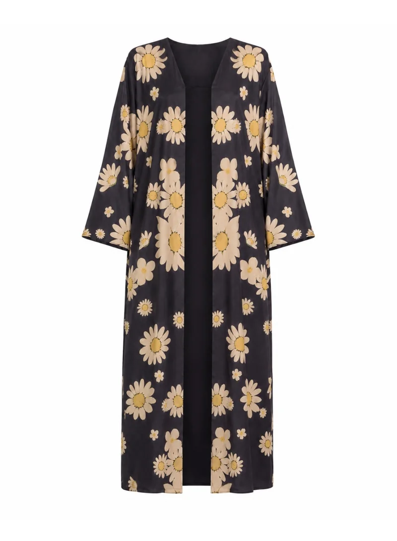 Amnad International Daisy Muse Silk Abaya with Matching Chiffon Hijab - Charcoal Floral Print, Sizes 52-60 inches