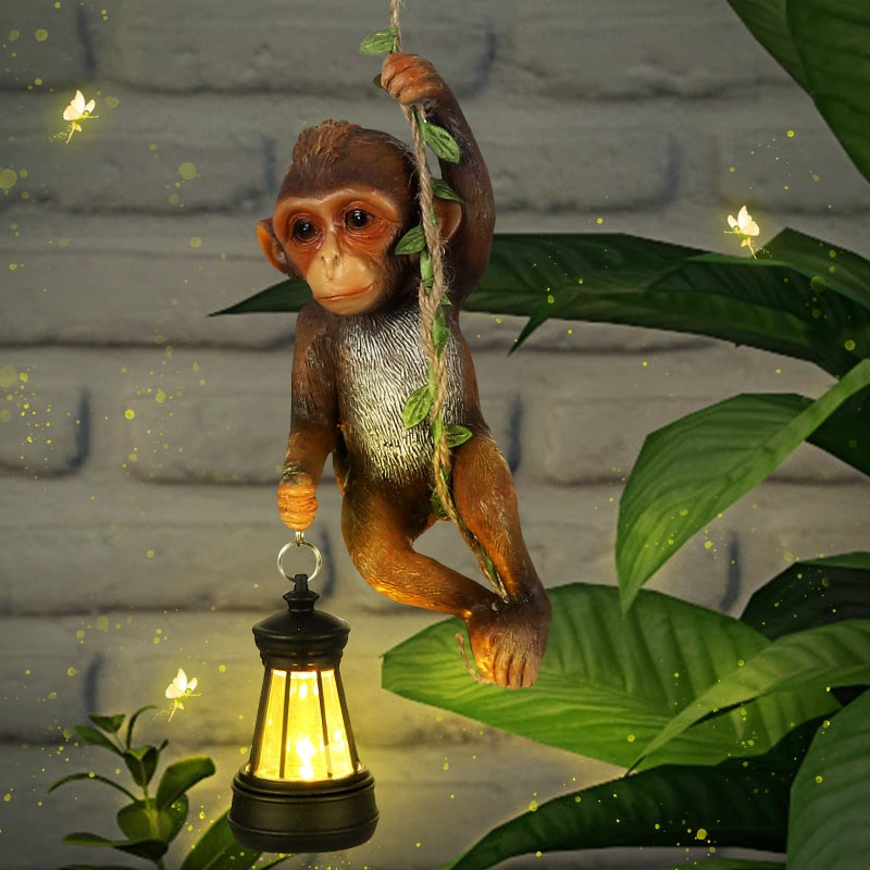 Rossesay Solar Light Outdoor Monkey Statues Brown 748 Inch Resin Chimpanzee Baby Monkey Climbing on Vine with LED Lantern Waterproof Hanging Figurine with Hook for Yard Garden Wall