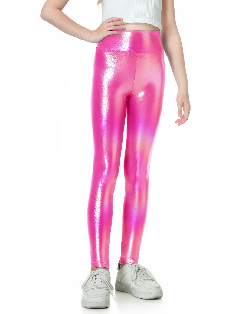 Gnainach Leggings for Girls Size 8-9 Years Old Holographic Rose Red Elastic High Waisted Metallic Pants for Kids Yoga Gift - Image 1