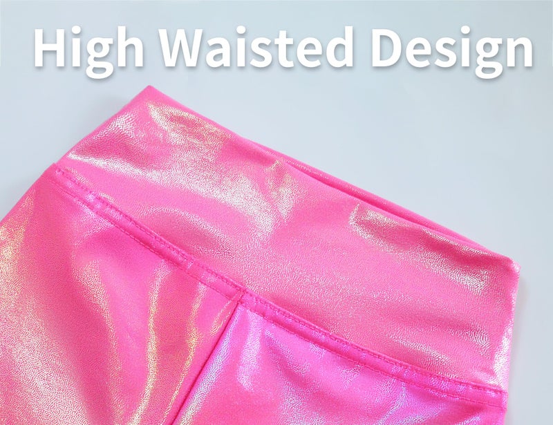 Gnainach Leggings for Girls Size 8-9 Years Old Holographic Rose Red Elastic High Waisted Metallic Pants for Kids Yoga Gift - Image 4