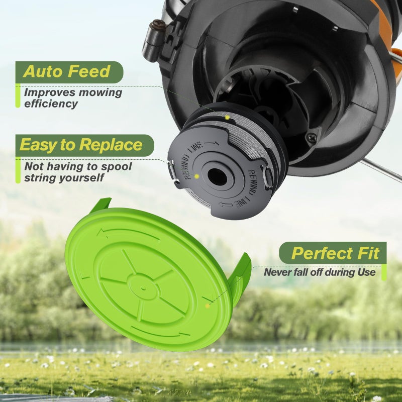 YWTESCH 8 Pack Weed Wacker String Fit for Greenworks String Trimmer, 0.065"-18Ft Dual String Trimmer Line Auto-Feed Weed Eater String Replacement Parts Spool(6-Pack) Cap Cover(2-Pack) - Image 5