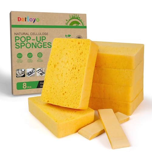 derloyo 8Count Pop Up Cellulose Sponges NonScratch EcoFriendly Kitchen Sponges for Dishes Bathroom Cars TearResistant Natural Scrub Sponges Biodegradable Compostable Cellulose - Image 1