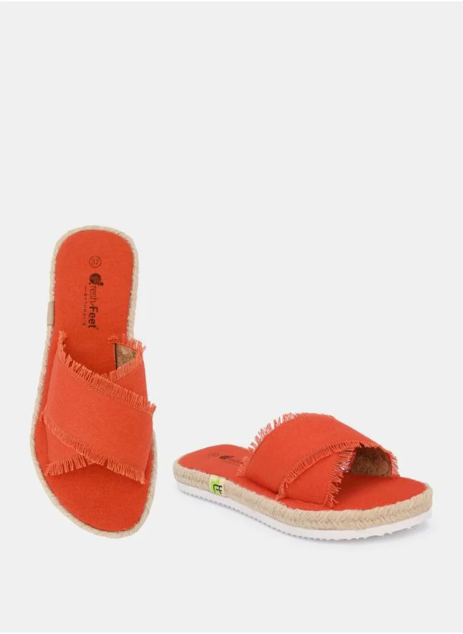 Fresh Feet Frayed Trim Cross Strap Flat Sandal by Styli