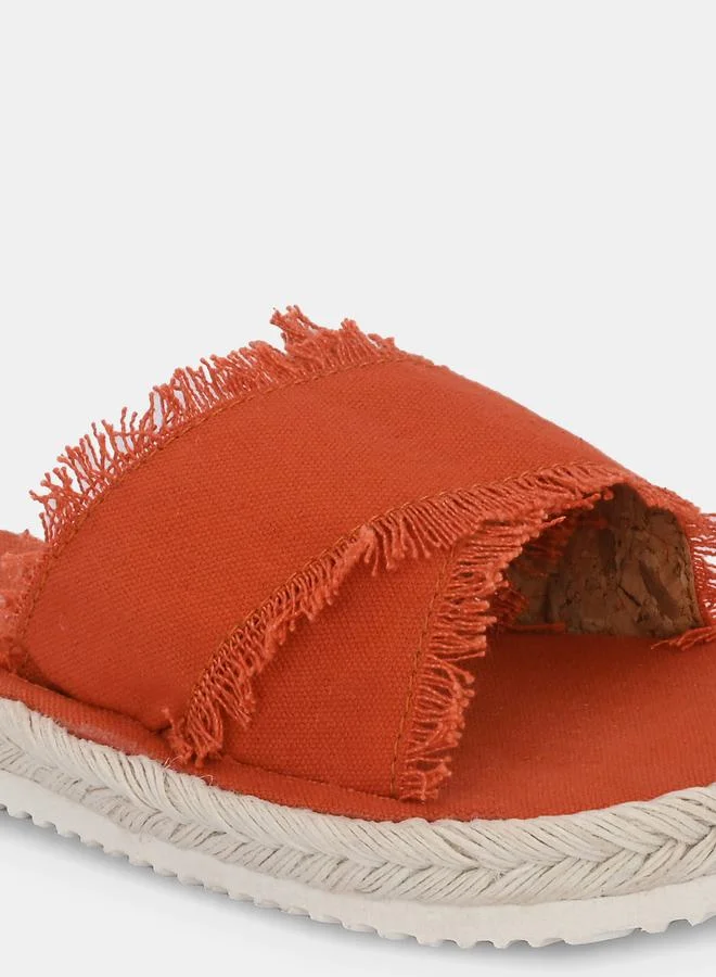 Fresh Feet Frayed Trim Cross Strap Flat Sandal by Styli