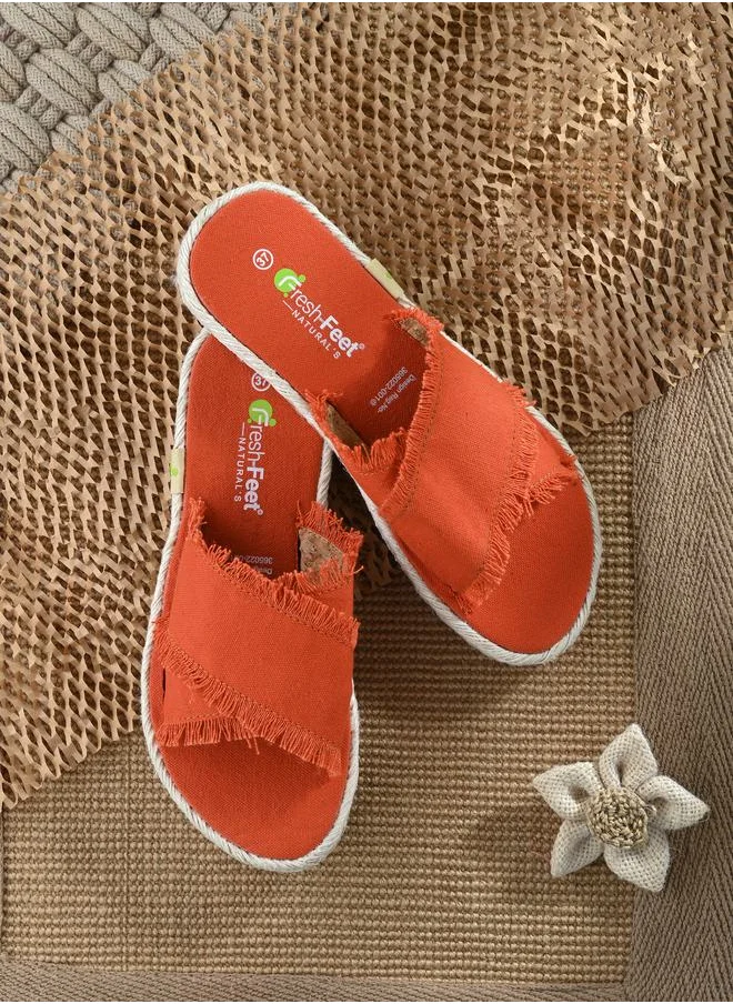 Fresh Feet Frayed Trim Cross Strap Flat Sandal by Styli