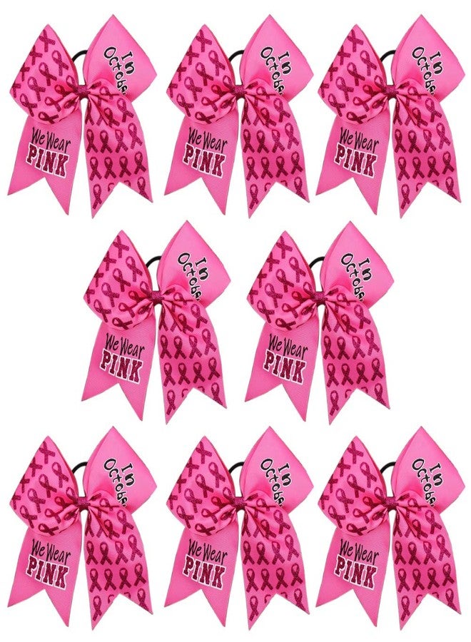 FLYARD 7 Inch Breast Cancer Awareness Cheer Bow Large Glitter Hair Bow Pink Ponytail Holder Elastic Hair Ties for Cheerleader Girls Set of 8 - Image 4
