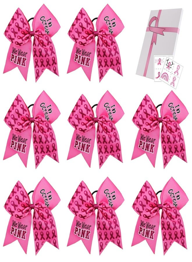 FLYARD 7 Inch Breast Cancer Awareness Cheer Bow Large Glitter Hair Bow Pink Ponytail Holder Elastic Hair Ties for Cheerleader Girls Set of 8 - Image 1