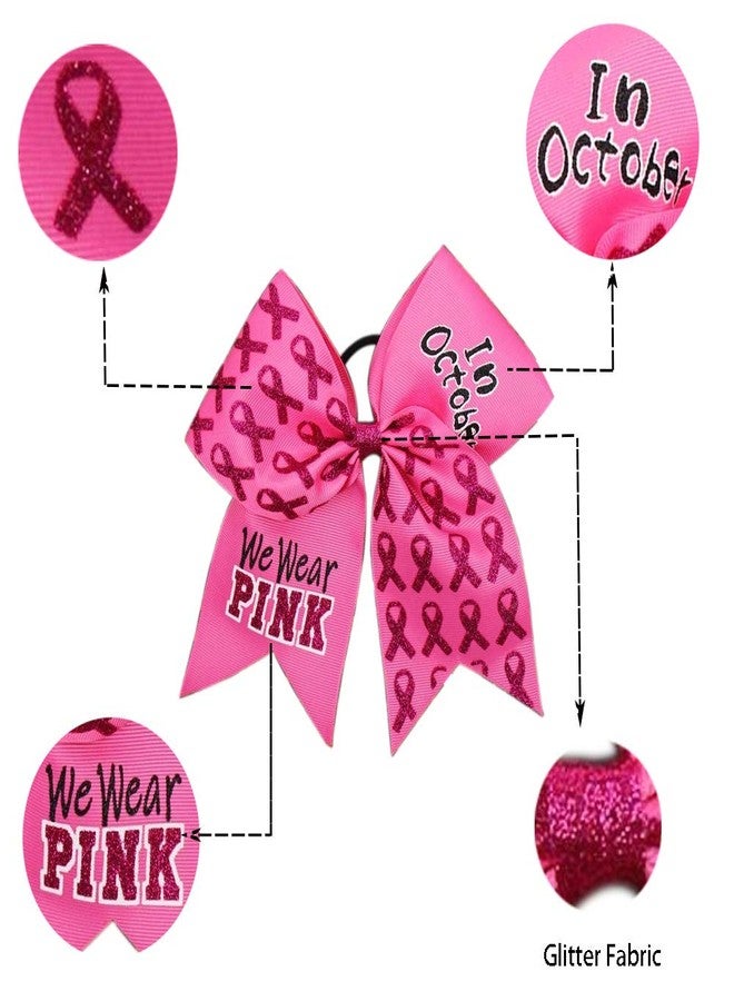 FLYARD 7 Inch Breast Cancer Awareness Cheer Bow Large Glitter Hair Bow Pink Ponytail Holder Elastic Hair Ties for Cheerleader Girls Set of 8 - Image 2