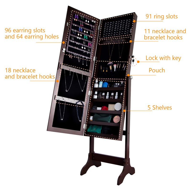 Uten Jewelry Armoire with Mirror, Lockable Large Jewelry Cabinet with Standing Mirror Jewelry Holder Organizer Storage, 4 Angle Adjustable, Perfect Christmas Gift (Brown) - Image 3