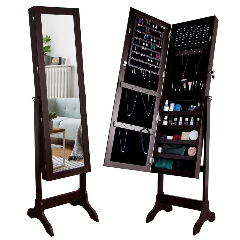 Uten Jewelry Armoire with Mirror, Lockable Large Jewelry Cabinet with Standing Mirror Jewelry Holder Organizer Storage, 4 Angle Adjustable, Perfect Christmas Gift (Brown) - Image 1