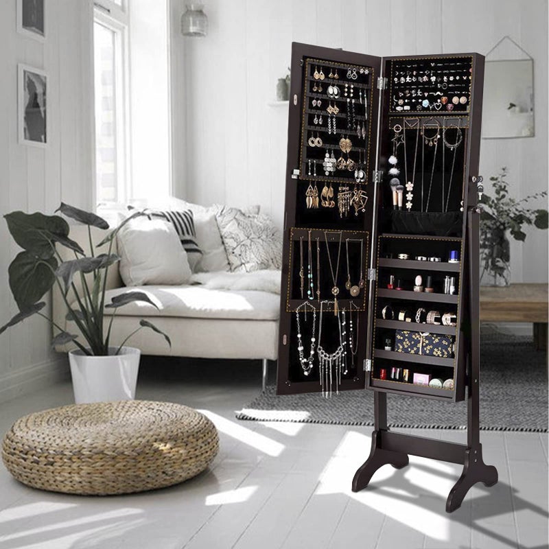 Uten Jewelry Armoire with Mirror, Lockable Large Jewelry Cabinet with Standing Mirror Jewelry Holder Organizer Storage, 4 Angle Adjustable, Perfect Christmas Gift (Brown) - Image 4