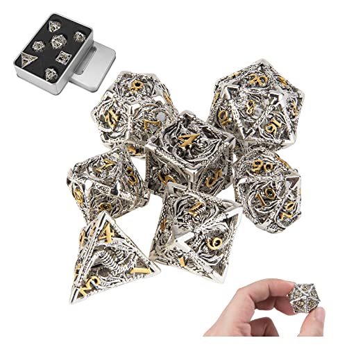 UBEUCK DND Dice,Hollow D&D Metal Dice,Dungeons and Dragons Dice Set with Gift Box,7 PCs Steampunk Polyhedral Dice Games Set for RPG,MTG,Pathfinder,(Dragon Silver Golden) - Image 1