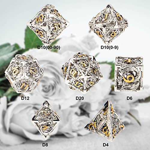 UBEUCK DND Dice,Hollow D&D Metal Dice,Dungeons and Dragons Dice Set with Gift Box,7 PCs Steampunk Polyhedral Dice Games Set for RPG,MTG,Pathfinder,(Dragon Silver Golden) - Image 3