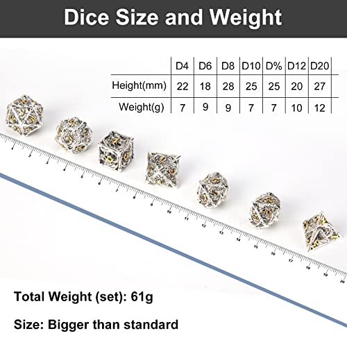 UBEUCK DND Dice,Hollow D&D Metal Dice,Dungeons and Dragons Dice Set with Gift Box,7 PCs Steampunk Polyhedral Dice Games Set for RPG,MTG,Pathfinder,(Dragon Silver Golden) - Image 4