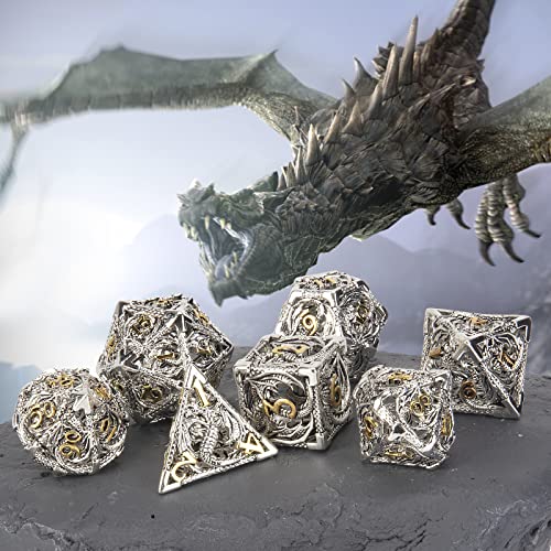 UBEUCK DND Dice,Hollow D&D Metal Dice,Dungeons and Dragons Dice Set with Gift Box,7 PCs Steampunk Polyhedral Dice Games Set for RPG,MTG,Pathfinder,(Dragon Silver Golden) - Image 2