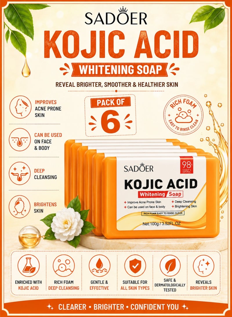 SADOER Kojic Acid Whitening Soap 6 x 100g | Improve Ace Prone Skin | Deep Cleansing | Can Be Used on Face & Body - Image 1