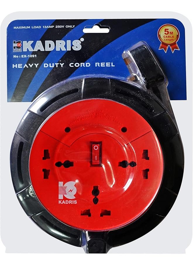 KADRIS Kadris Heavy Duty 3 Way Socket Cable Extension Reel Cassette, 5 Meter Cable Length, Red/Black 