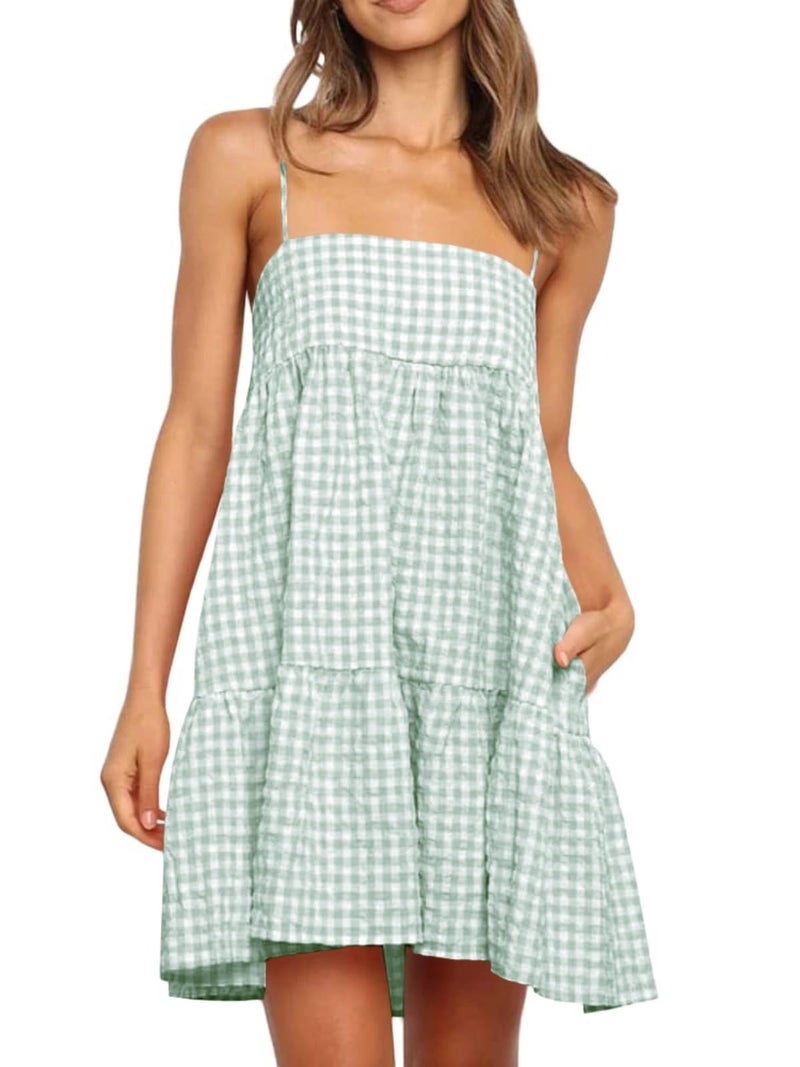 Wenrine Womens Summer Plaid Mini Dress Casual Spaghetti Strap Sleeveless A Line Beach Sundress with Pockets Pea Green - Image 1