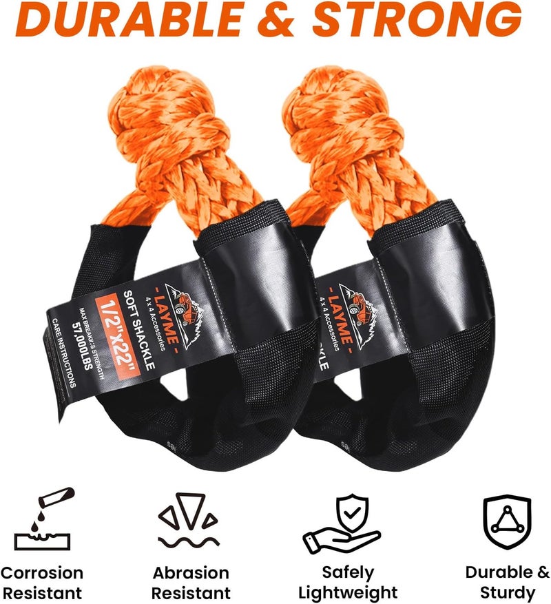 LAYME 2Pcs Soft Shackle Rope - 1/2 Inch x 22 Inch (57000Lbs Breaking Strength) Offroad Synthetic Soft Shackle Recovery Kit for UTV, ATV,Truck, SUV (Orange) - Image 3