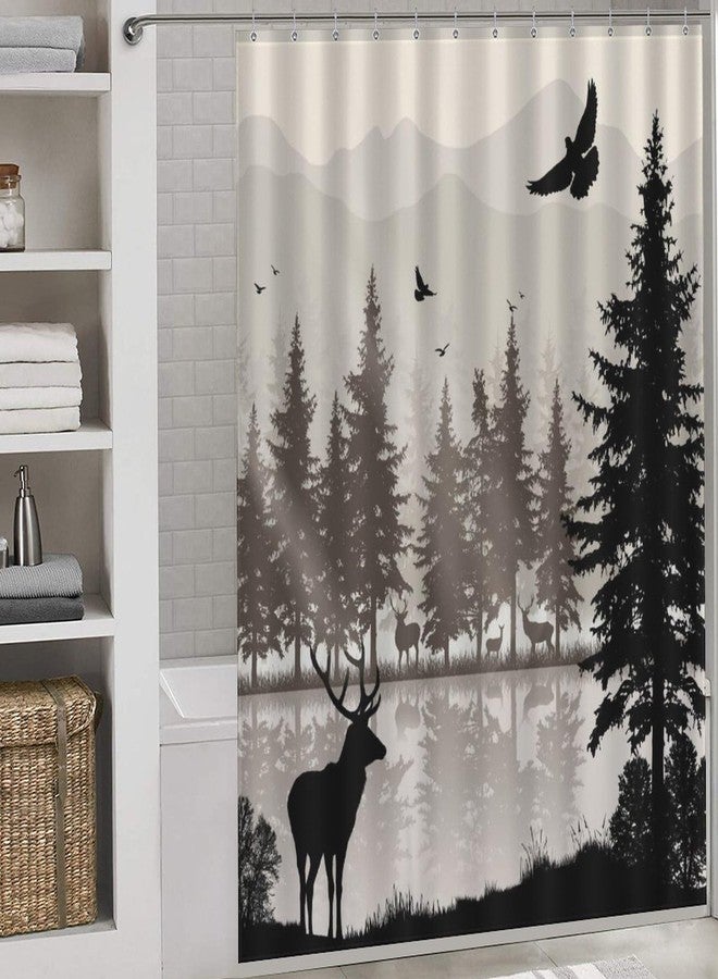 TKUYO Farmhouse Shower Curtain for Bathroom, Retro Rustic Deer Elk Forest Lake Pine Tree Silhouette Woodland Country Lodge Cabin Cottage Vintage Waterproof Fabric Shower Curtain Set with Hooks, 72"x78" Inch - Image 2