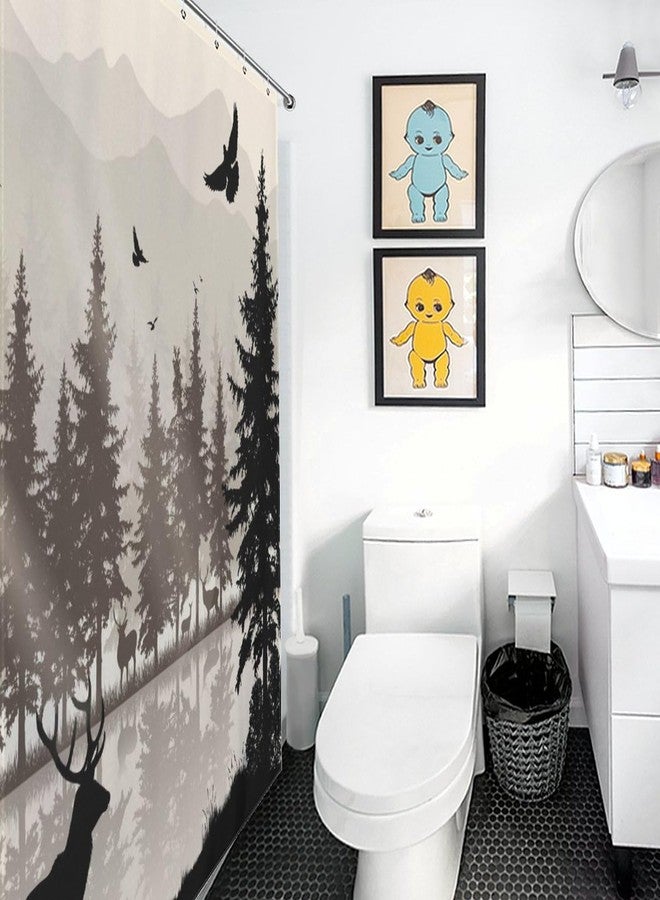 TKUYO Farmhouse Shower Curtain for Bathroom, Retro Rustic Deer Elk Forest Lake Pine Tree Silhouette Woodland Country Lodge Cabin Cottage Vintage Waterproof Fabric Shower Curtain Set with Hooks, 72"x78" Inch - Image 3