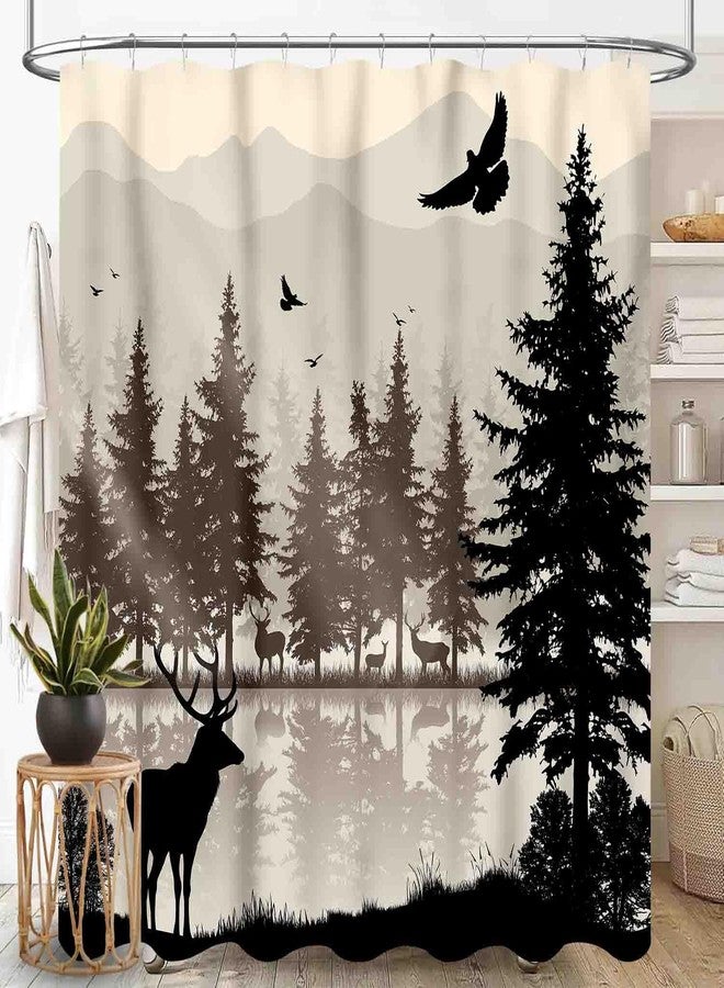 TKUYO Farmhouse Shower Curtain for Bathroom, Retro Rustic Deer Elk Forest Lake Pine Tree Silhouette Woodland Country Lodge Cabin Cottage Vintage Waterproof Fabric Shower Curtain Set with Hooks, 72"x78" Inch - Image 1