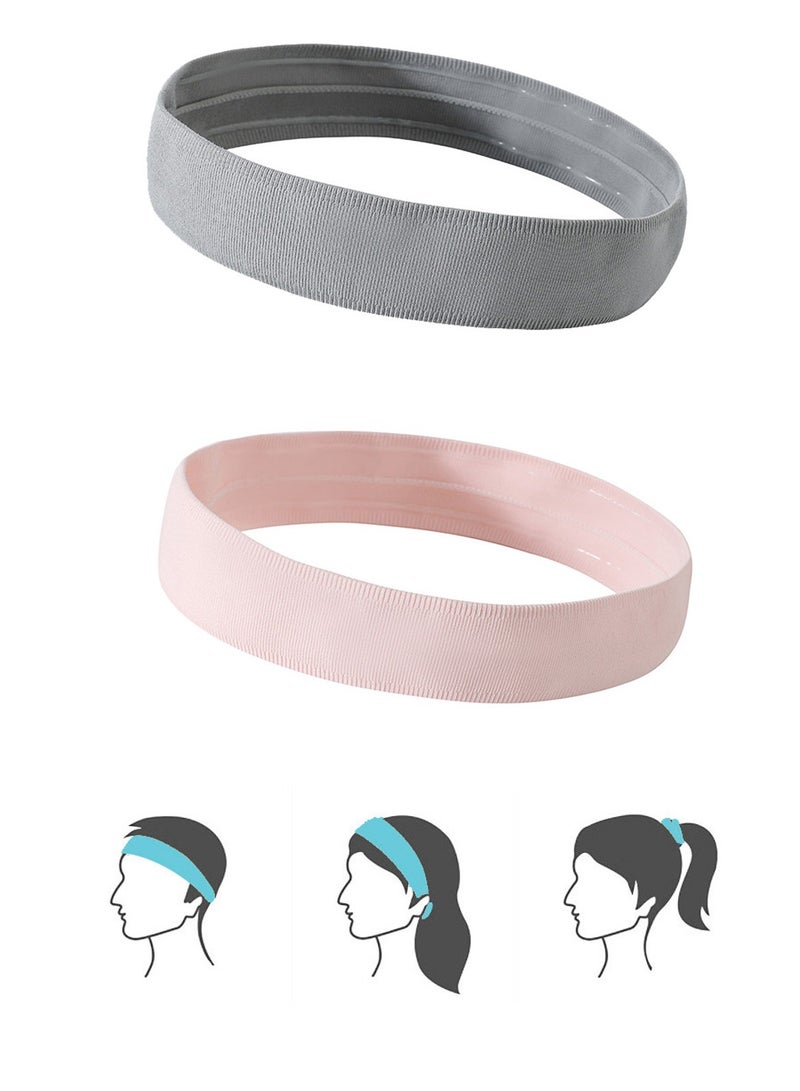 2 Pcs Unisex Sports Headbands Non-Slip Elastic Sweatband (Pink+Grey) - Image 2
