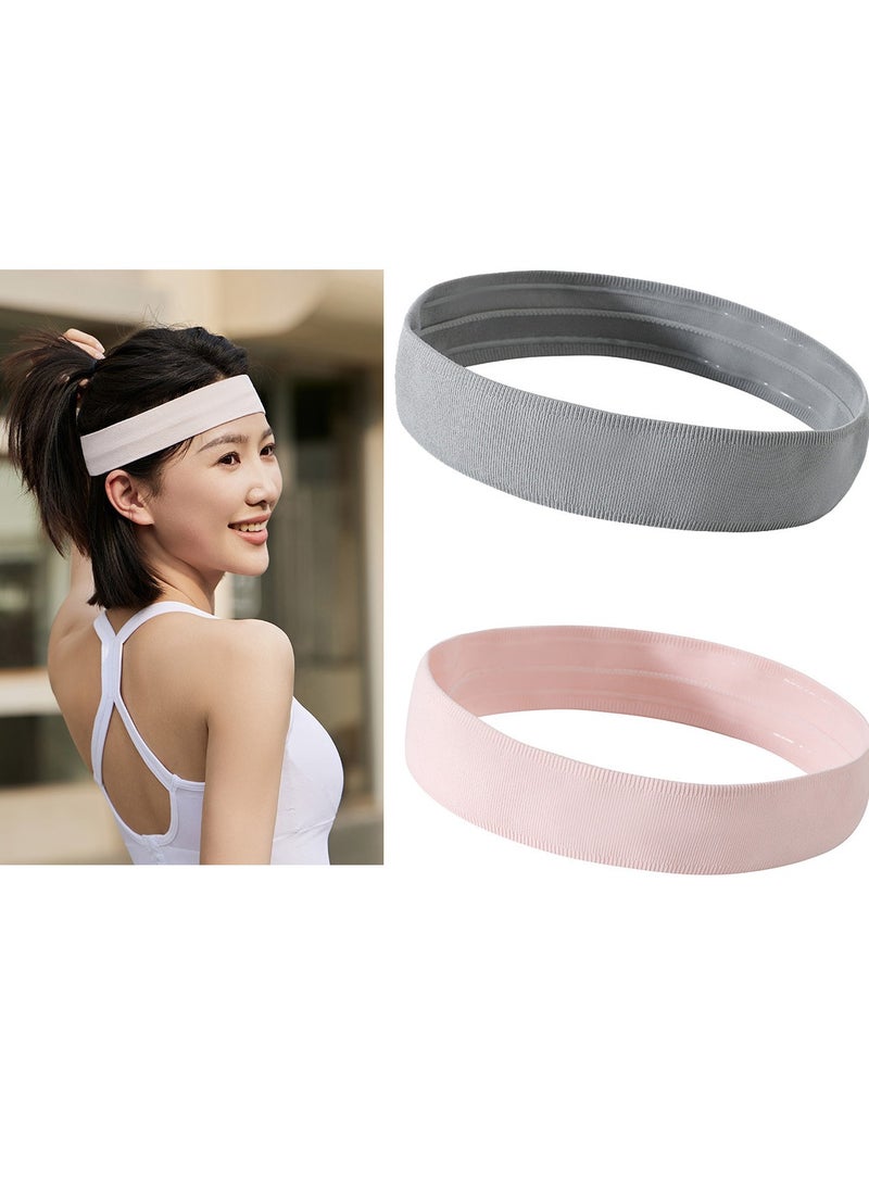 2 Pcs Unisex Sports Headbands Non-Slip Elastic Sweatband (Pink+Grey) - Image 1