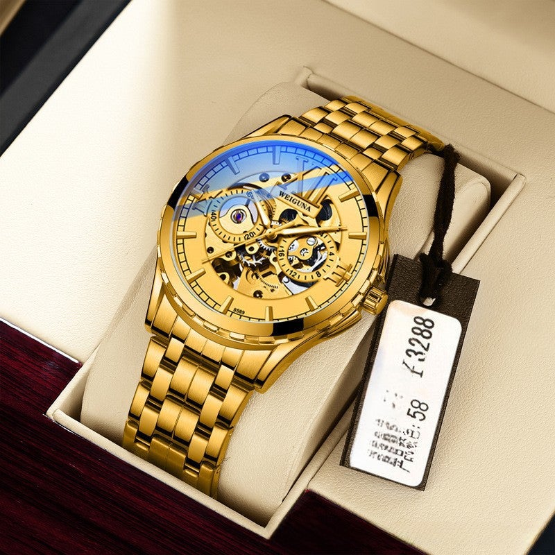 2021 Mens Automatic Skeleton Watch Waterproof Luminous 8589 diamond with gold noodles