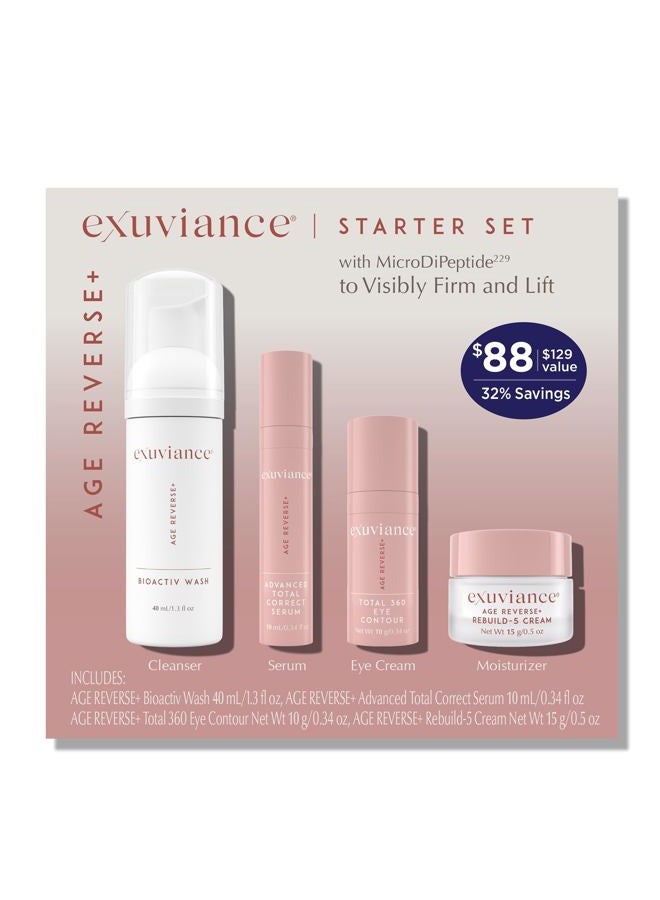 EXUVIANCE AGE REVERSE+ Anti Aging Skin Care Set - Mini Starter Kit Includes: Exfoliating Face Wash, Anti-Wrinkle Serum, Brightening Eye Contour, Firming Face Cream, for Wrinkles and Fine Lines - 4 ct - Image 1