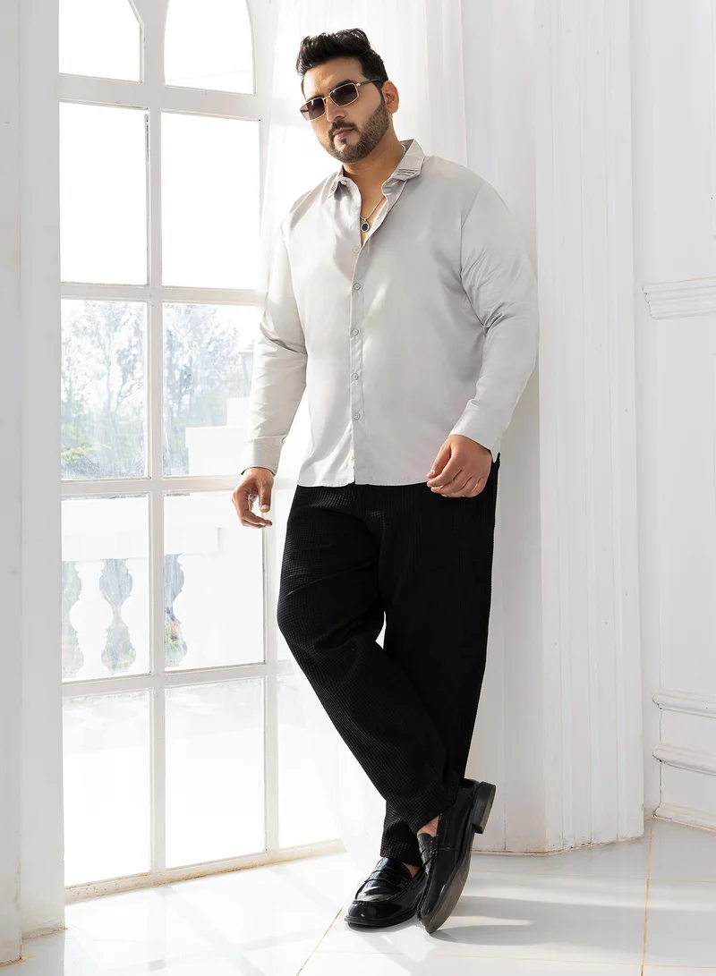 Instafab Plus Instafab Plus Men's Coin Grey Pleated-Collar Shirt For Casual Wear | Spread Collar | Long Cuffed Sleeves | Button Closure | Plus Size Shirt Crafted With Comfort Fit For Everyday Wear