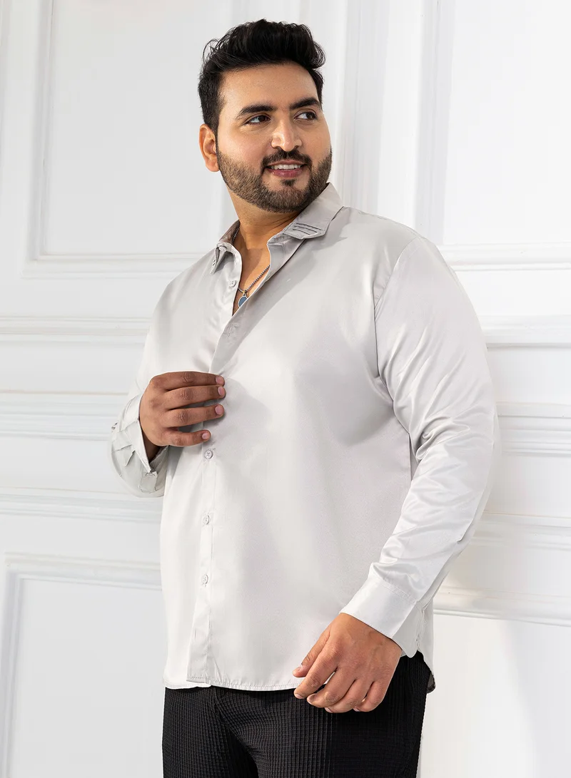 Instafab Plus Instafab Plus Men's Coin Grey Pleated-Collar Shirt For Casual Wear | Spread Collar | Long Cuffed Sleeves | Button Closure | Plus Size Shirt Crafted With Comfort Fit For Everyday Wear