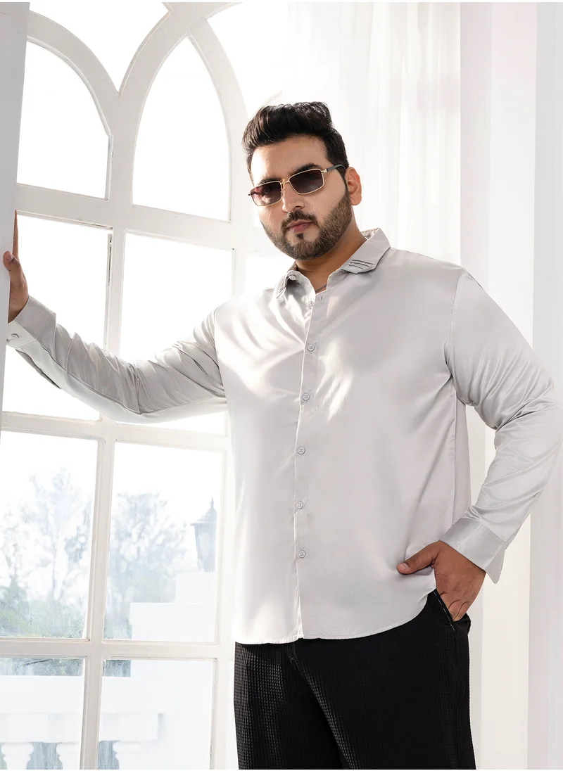 Instafab Plus Instafab Plus Men's Coin Grey Pleated-Collar Shirt For Casual Wear | Spread Collar | Long Cuffed Sleeves | Button Closure | Plus Size Shirt Crafted With Comfort Fit For Everyday Wear