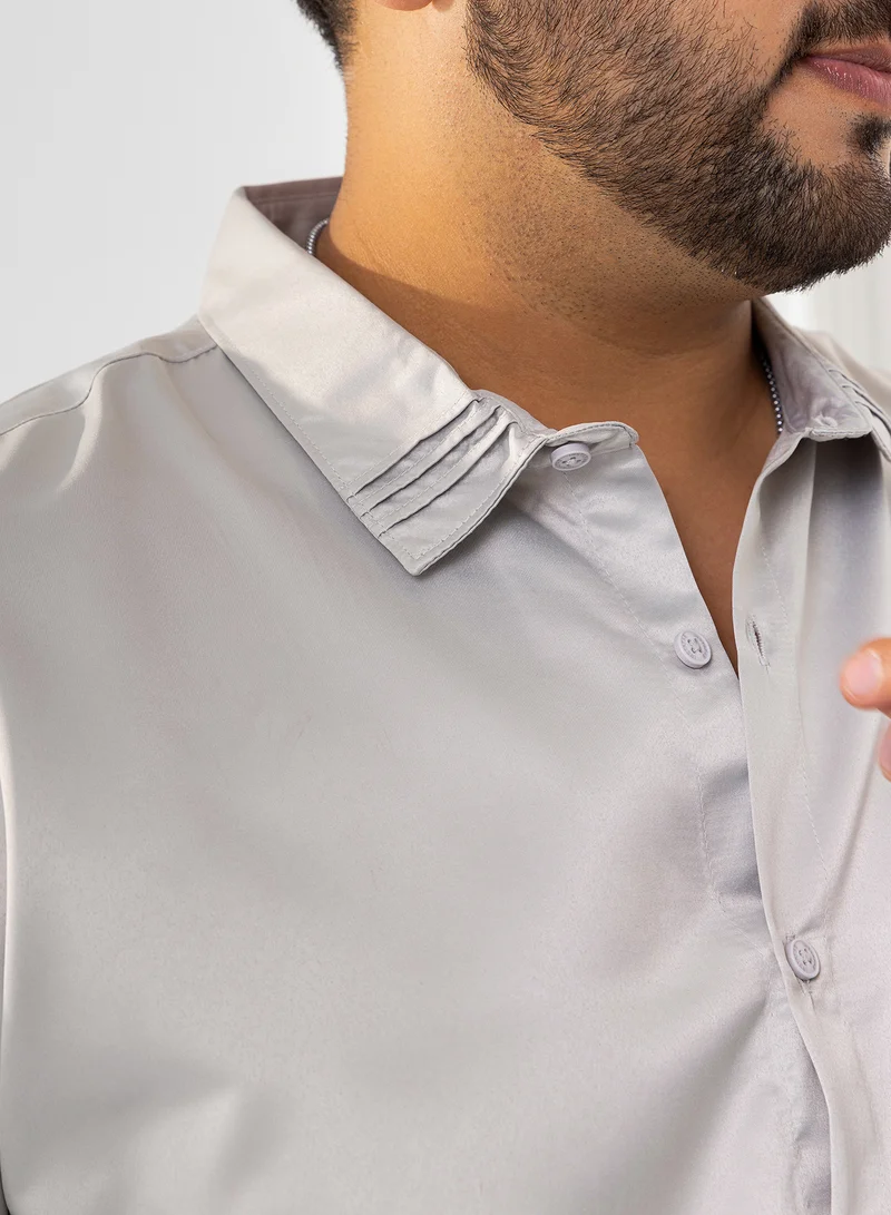 Instafab Plus Instafab Plus Men's Coin Grey Pleated-Collar Shirt For Casual Wear | Spread Collar | Long Cuffed Sleeves | Button Closure | Plus Size Shirt Crafted With Comfort Fit For Everyday Wear