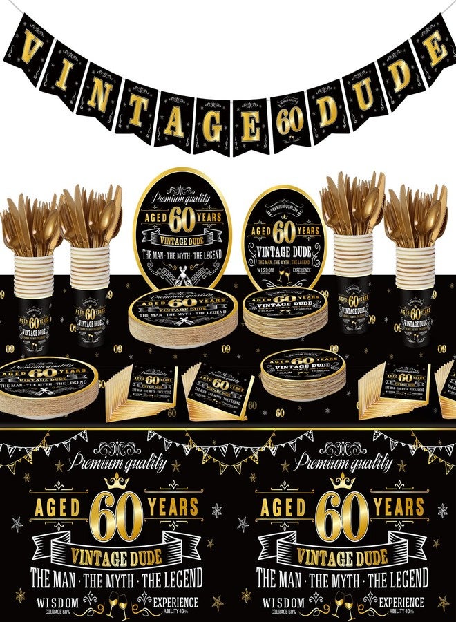 ABURRORI 183 Pcs Vintage 60th Party Tableware Set, Black Gold Vintage Happy 60 Birthday Tablecloth 24 Guests Dinner Plates Dessert Plate Cup and Napkins for Men Cheers 60th Theme Birthday Party Supplies - Image 1