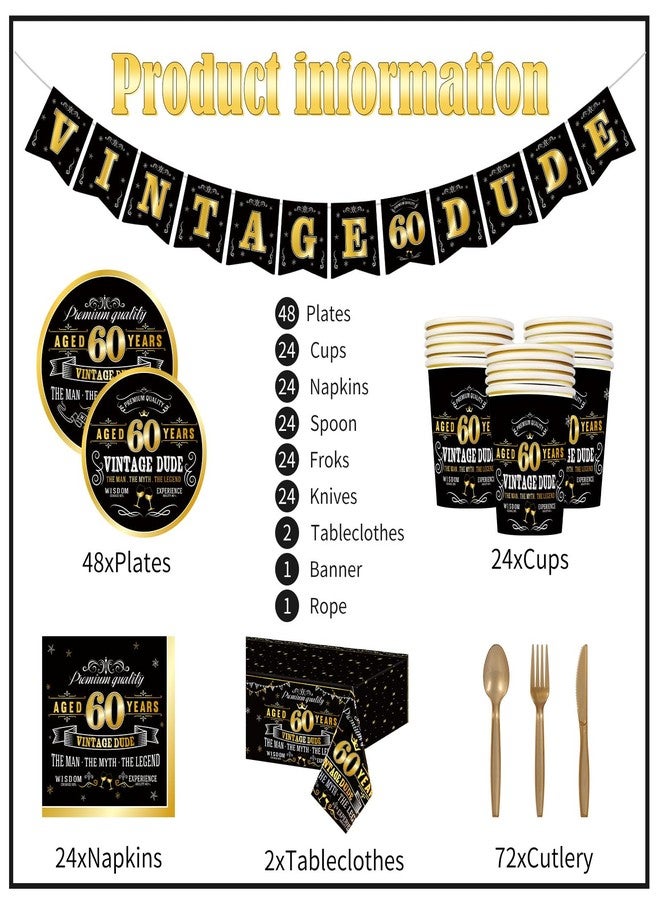 ABURRORI 183 Pcs Vintage 60th Party Tableware Set, Black Gold Vintage Happy 60 Birthday Tablecloth 24 Guests Dinner Plates Dessert Plate Cup and Napkins for Men Cheers 60th Theme Birthday Party Supplies - Image 3