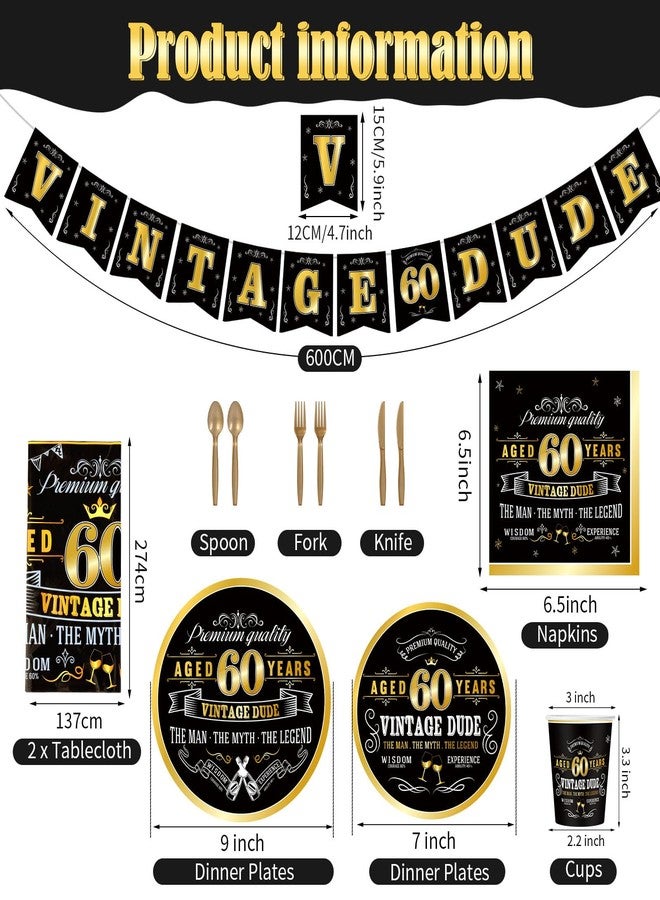 ABURRORI 183 Pcs Vintage 60th Party Tableware Set, Black Gold Vintage Happy 60 Birthday Tablecloth 24 Guests Dinner Plates Dessert Plate Cup and Napkins for Men Cheers 60th Theme Birthday Party Supplies - Image 2