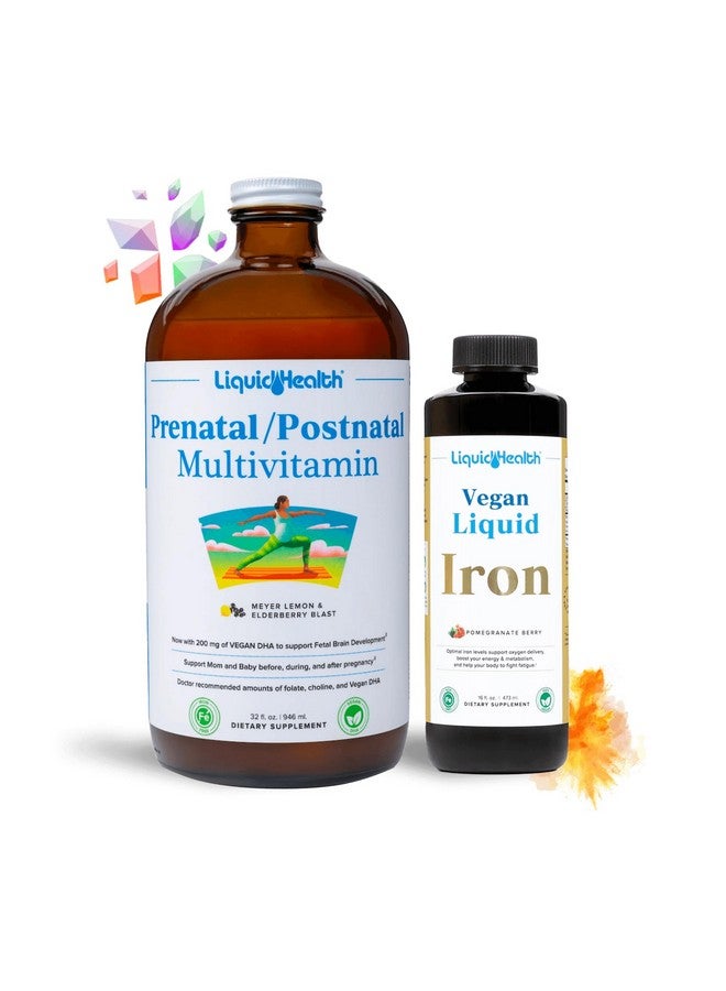LIQUIDHEALTH مجموعة فيتامينات الحمل LIQUIDHEALTH لتعزيز صحة الطفل - متعددة الفيتامينات للنباتيين للنساء الحوامل/بعد الولادة مع SunActive و Ferrochel الحديد، حمض الفوليك، الأطعمة الكاملة - مصنوعة في الولايات المتحدة الأمريكية، 100% نباتية (مجموعة) - Image 1