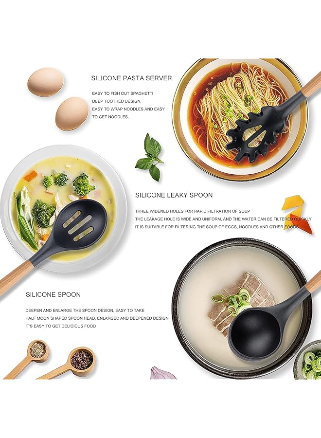 مونوبتيلون مجموعة أدوات طهي سيليكون مكونة من 11 قطعة مع دلو تخزين، أدوات طهي غير لاصقة، مجموعة أدوات مطبخ مقاومة للحرارة بمقابض من الخشب الطبيعي (أسود) - Image 4