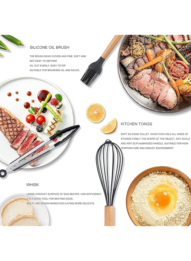 مونوبتيلون مجموعة أدوات طهي سيليكون مكونة من 11 قطعة مع دلو تخزين، أدوات طهي غير لاصقة، مجموعة أدوات مطبخ مقاومة للحرارة بمقابض من الخشب الطبيعي (أسود) - Image 5