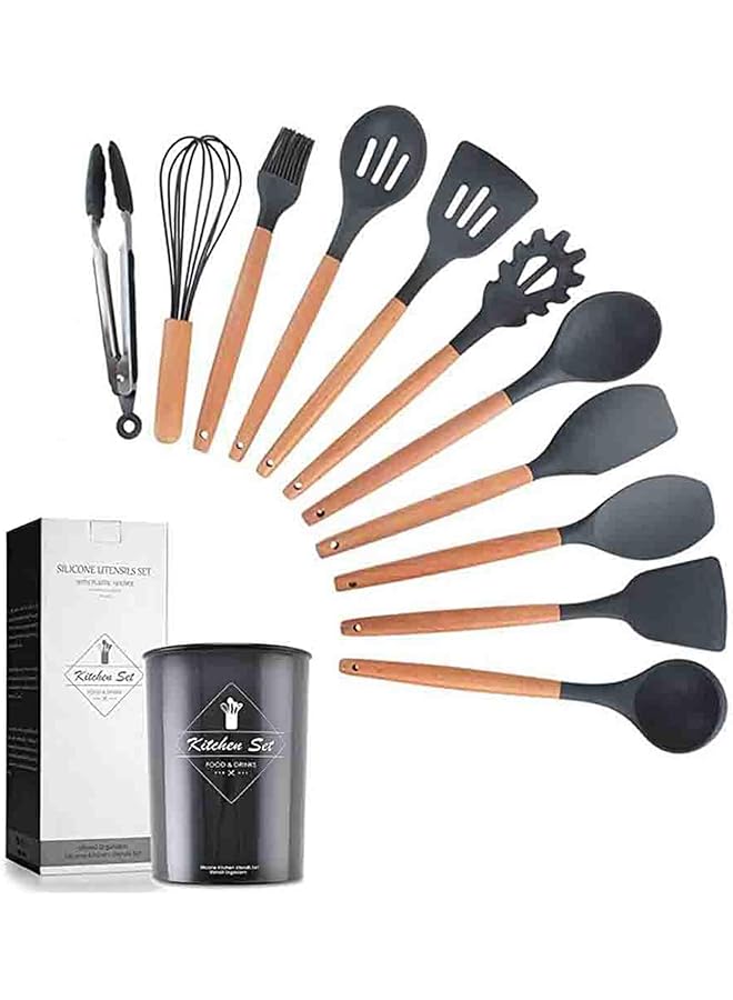 مونوبتيلون مجموعة أدوات طهي سيليكون مكونة من 11 قطعة مع دلو تخزين، أدوات طهي غير لاصقة، مجموعة أدوات مطبخ مقاومة للحرارة بمقابض من الخشب الطبيعي (أسود) - Image 1