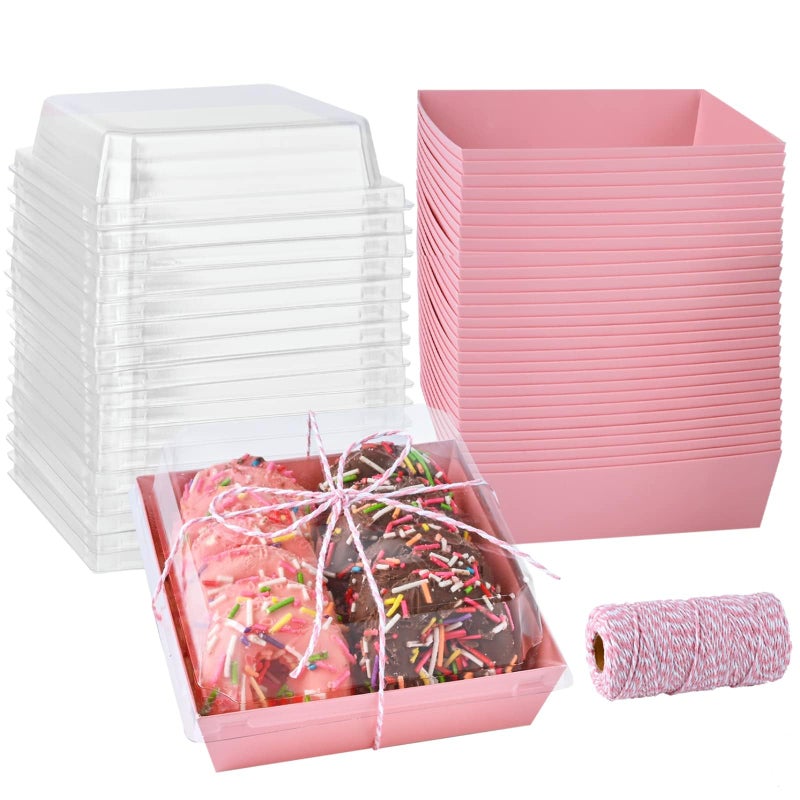 ZORRITA 50 Pack 5 Inch Pink Paper Charcuterie Boxes with Clear Lids, Square To Go Cake Slice Containers Small Bakery Boxes for Dessert, Cookies, Sandwich, Strawberries - Image 1