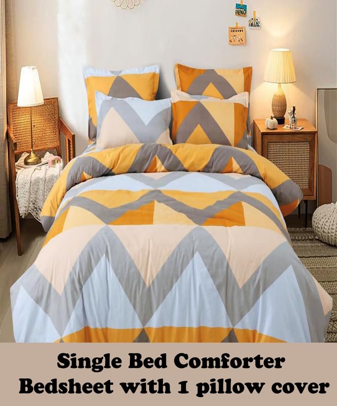 DREAMVIO Polycotton Printed 120 TC Comforter & Bedsheet Single Bed Bedding Set, Queen Size (60x90 inch), Yellow & Grey, 3 Pieces - Image 2