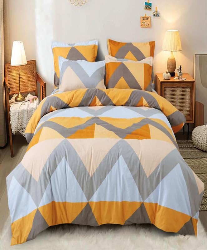 DREAMVIO Polycotton Printed 120 TC Comforter & Bedsheet Single Bed Bedding Set, Queen Size (60x90 inch), Yellow & Grey, 3 Pieces - Image 1