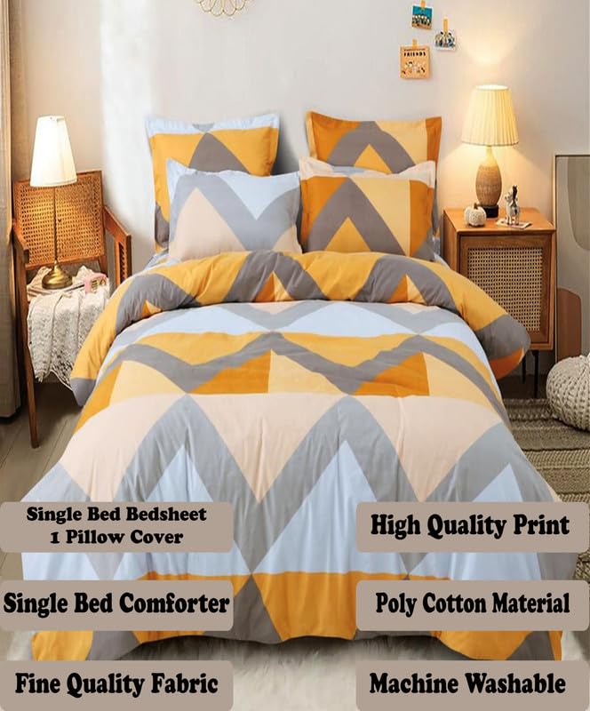 DREAMVIO Polycotton Printed 120 TC Comforter & Bedsheet Single Bed Bedding Set, Queen Size (60x90 inch), Yellow & Grey, 3 Pieces - Image 3