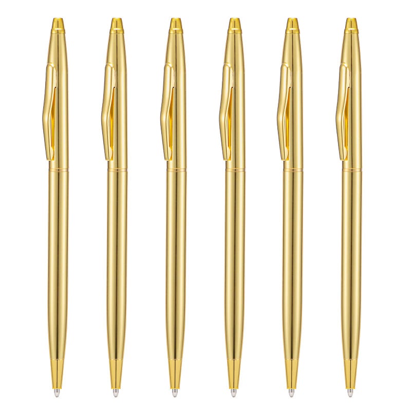 Wikult 6 Pieces Golden Slim Metal Ballpoint Pen, 1mm Medium Point Black Ink Smooth Writing, for Business Office Teacher Student Wedding Guest - Image 1