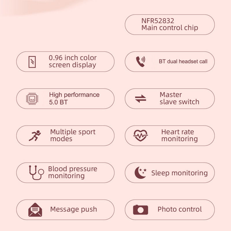 مراقب اللياقة الذكي: شاشة ملونة سوداء بقطر 0.96 بوصة، ساعة ذكية بسماعات TWS ثنائية الوظيفة - شحن USB مغناطيسي، سوار مراقب معدل ضربات القلب لممارسة الرياضة في الجيم ورصد الصحة لعشاق اللياقة البدنية - Image 5