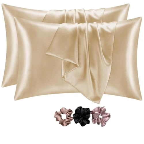 GO WELL Solid Satin Silk Pillow Covers Pack of 2 for Hair and Skin-with Satin Scrunchies |Satin Pillow coves for Hair and Skin|scrunchies for Women 3-Piece|Silk Pillow case (Champagne) 600 TC - Image 1